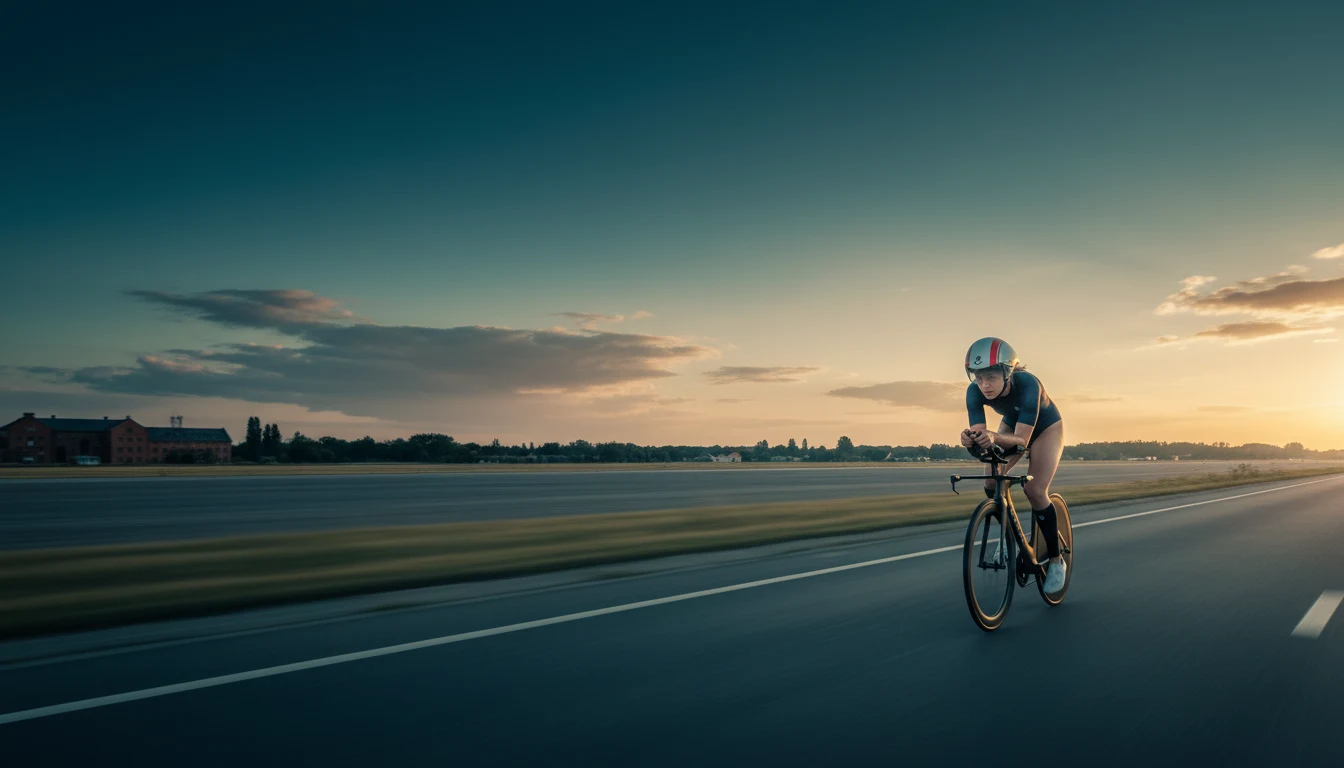 Zoe Barossi vor der Berliner Skyline mit Fernsehturm, Dämmerung, im Triathlon-Trikot