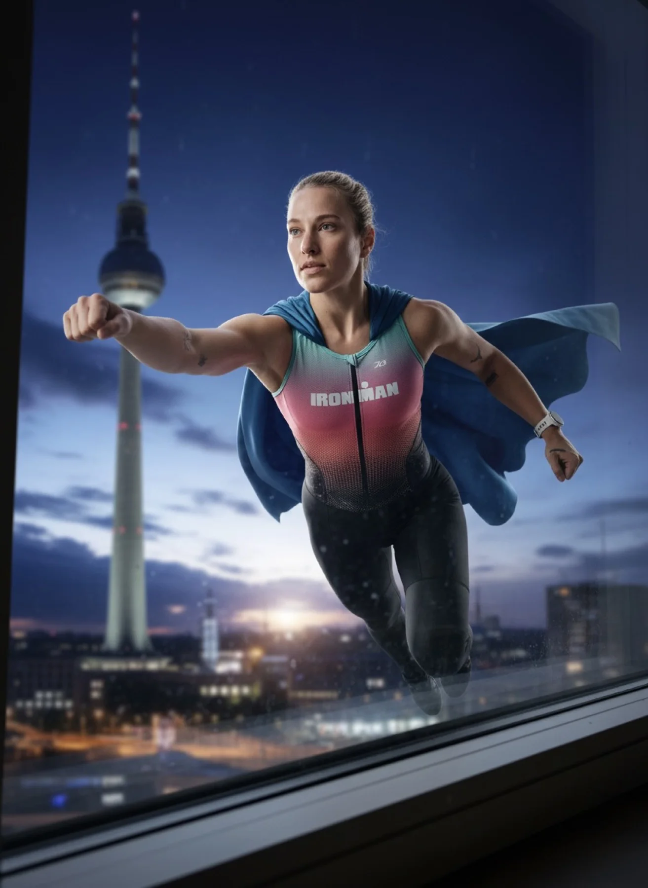 Zoe Barossi vor der Berliner Skyline mit Fernsehturm, Dämmerung, im Triathlon-Trikot